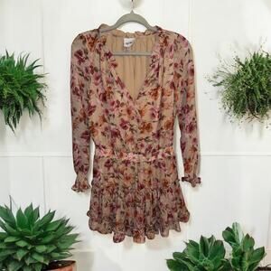 Sky To Moon Romantic Floral V Neck long Sleeved Ruffled Bottom Mini‎ Dress Small